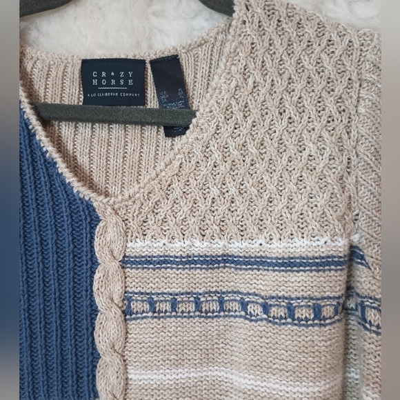 Crazy Horse Tan Blue and White Ribbed Short Sleeve Sweater Size XL - Picture 5 of 8